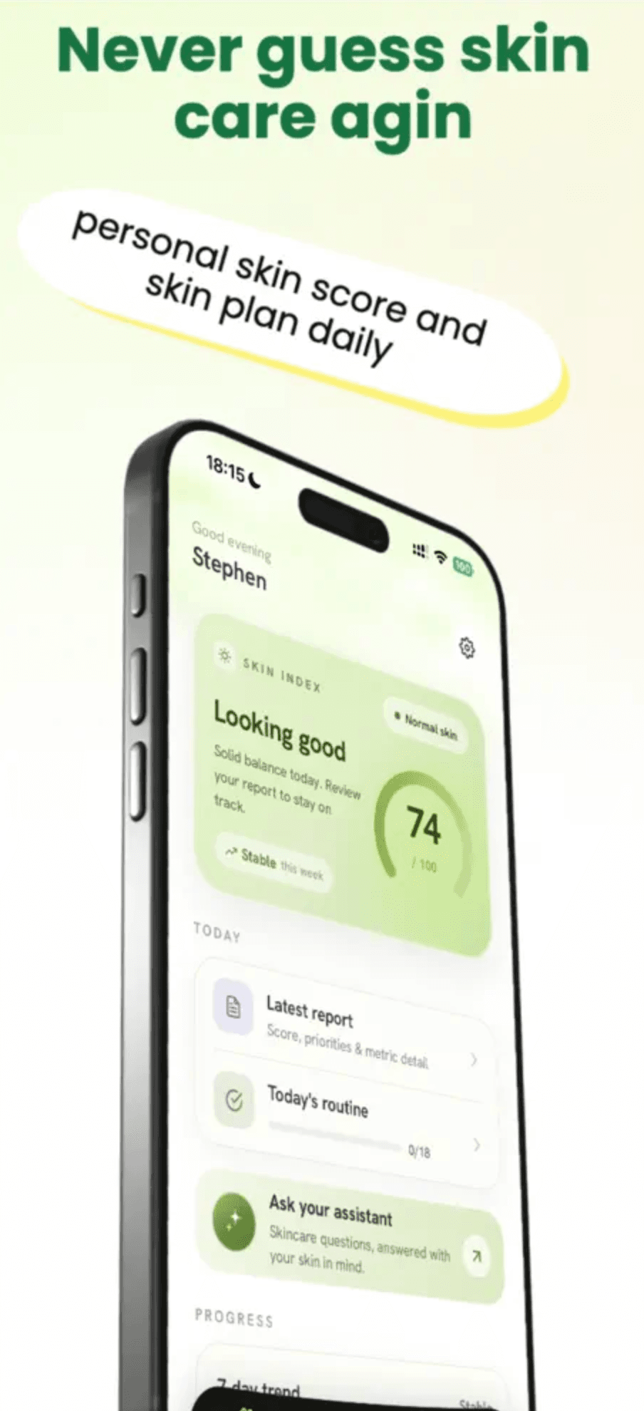 Never guess skin care again: the home screen, with a Skin Index reading out of 100, a stable-this-week trend, and cards for the latest report, the day's routine, and the assistant.