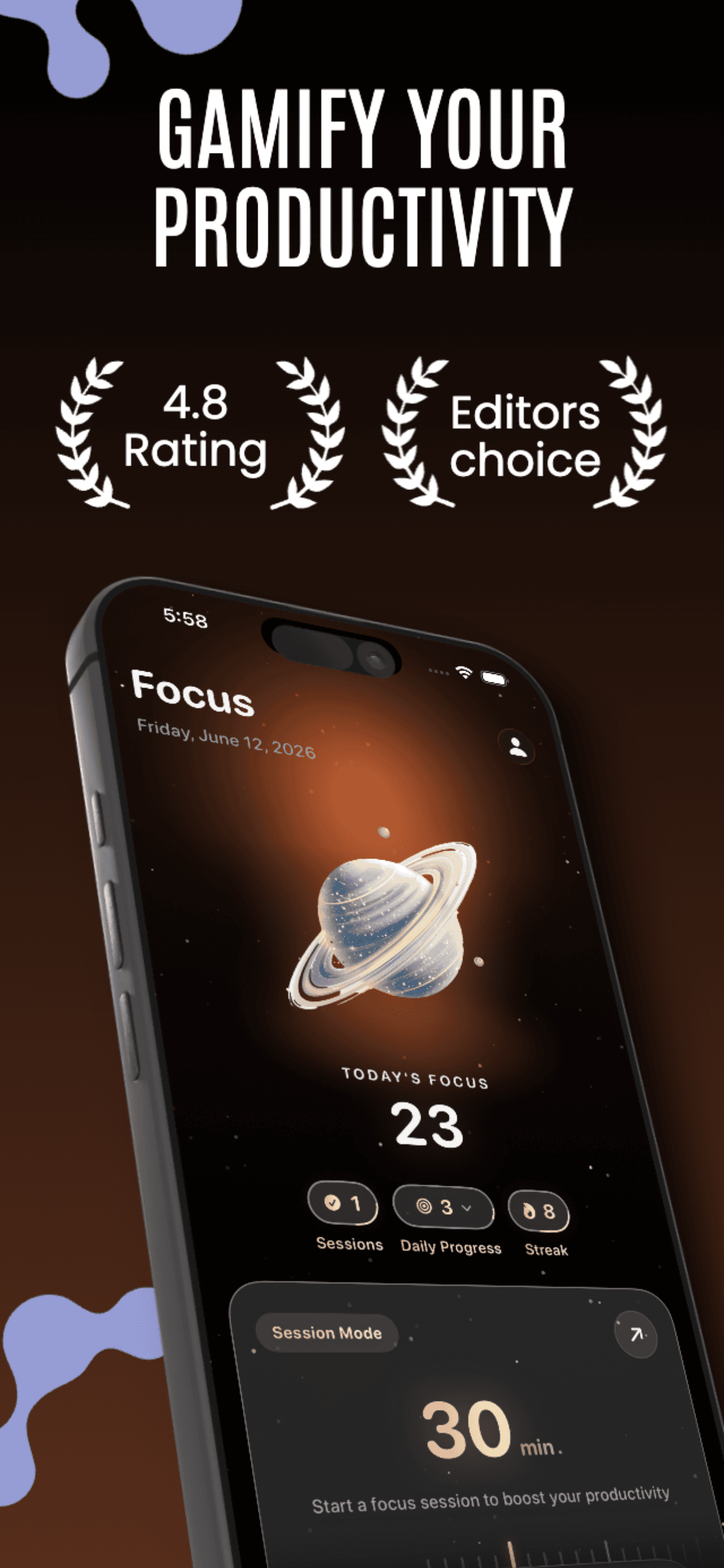 Gamify your productivity: the Focus home screen, showing the day's focus total above counts for sessions, daily progress, and streak, with a 30-minute session ready to start.