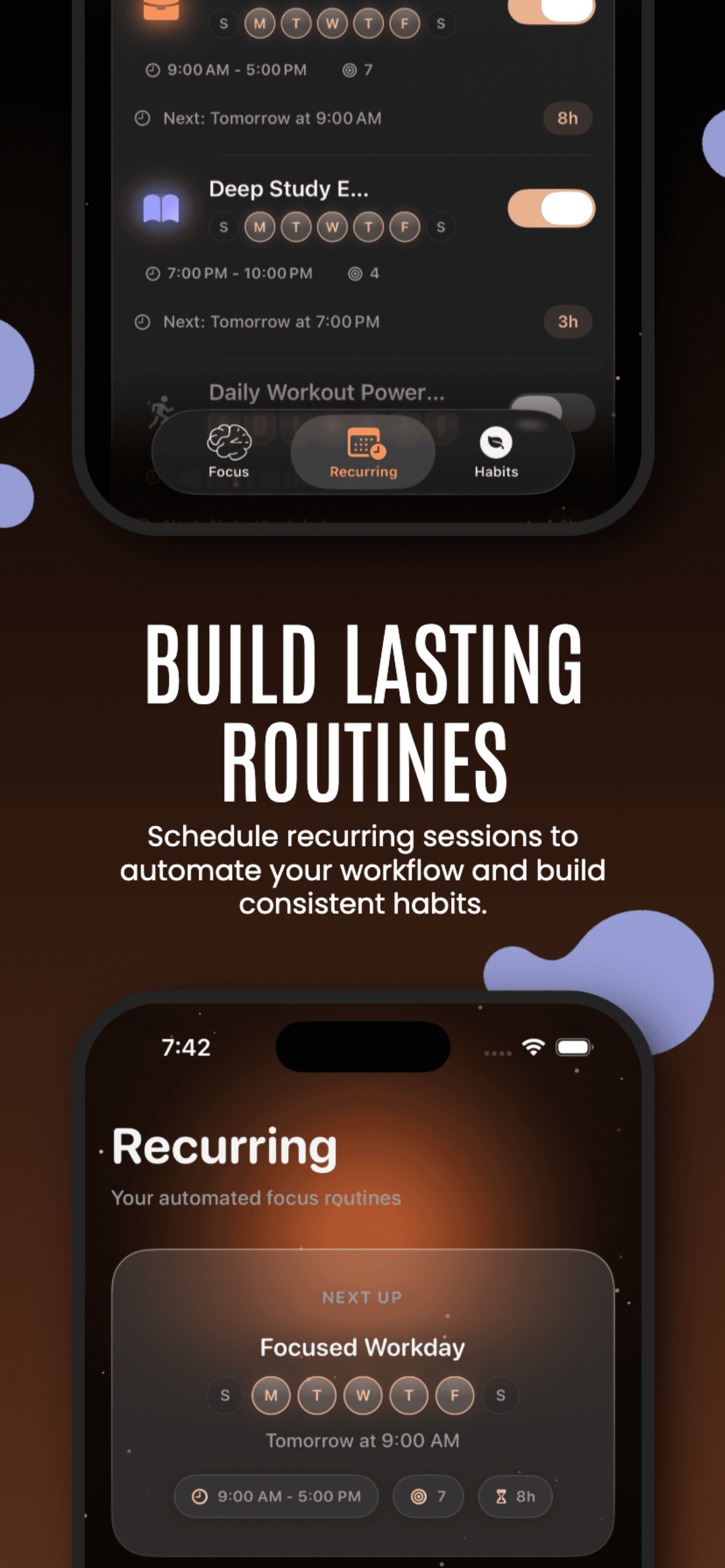 Build lasting routines: the Recurring tab, where sessions like Focused Workday and Deep Study Evening run on set weekdays and times without being started by hand.