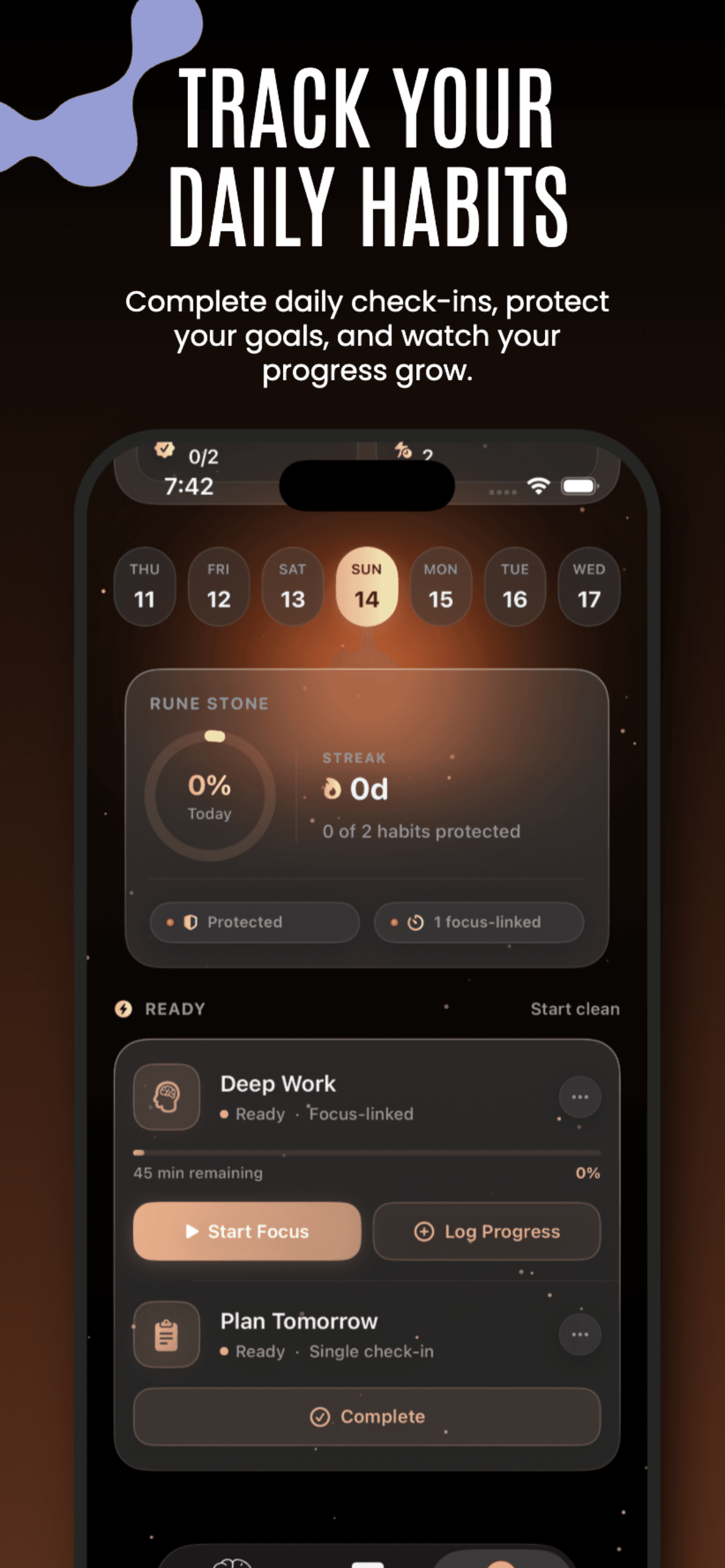 Track your daily habits: the Habits tab, with a weekday strip, a Rune Stone ring showing the day's progress and streak, and habit cards ready to start or complete.